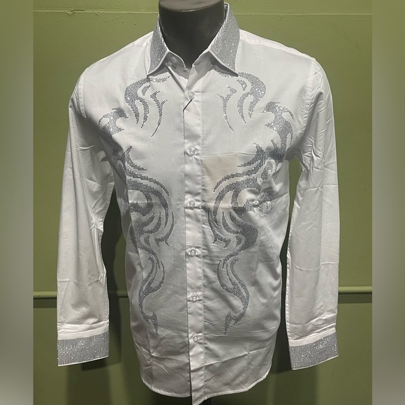 deniko Other - Deniko Men's White and white Embroidered Shirt rhinestone modern fit